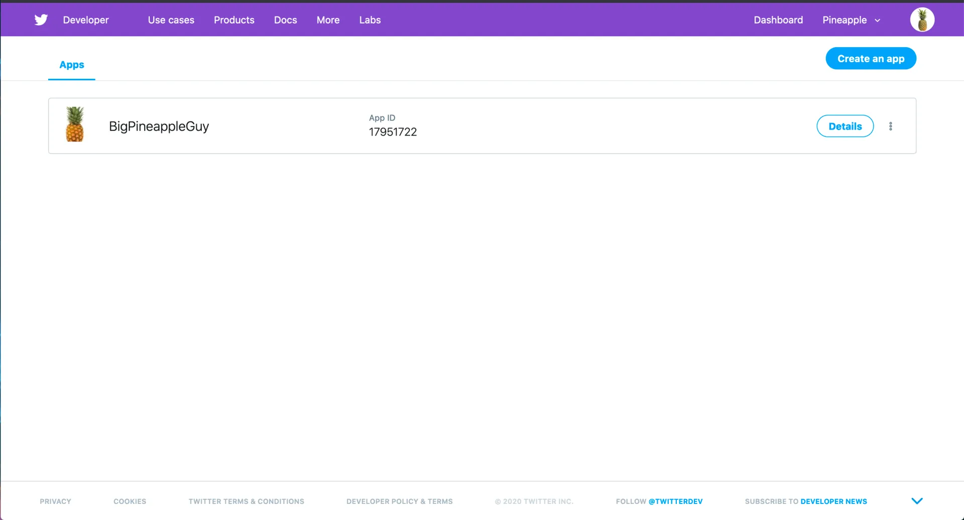 screenshot of a twitter developer page
